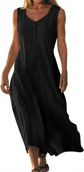 FlekmanArt Summer Cotton Linen Long Dress for Women 2025 Sleeveless Boho Flowy Dresses Plus Size Button V Neck Comfy Dress