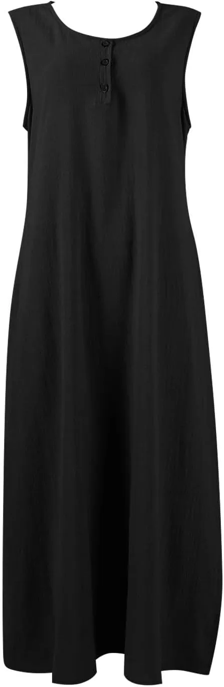 FlekmanArt Summer Cotton Linen Long Dress for Women 2025 Sleeveless Boho Flowy Dresses Plus Size Button V Neck Comfy Dress