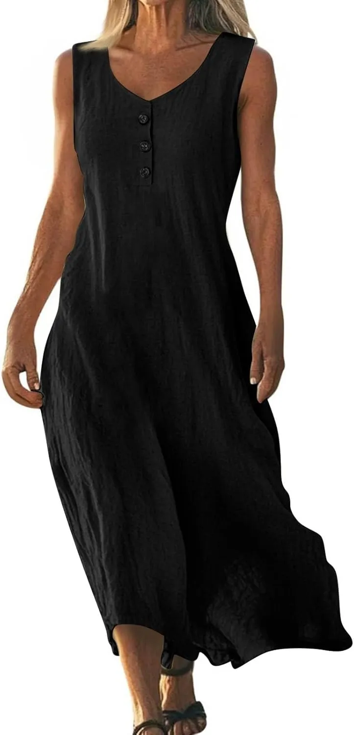 FlekmanArt Summer Cotton Linen Long Dress for Women 2025 Sleeveless Boho Flowy Dresses Plus Size Button V Neck Comfy Dress
