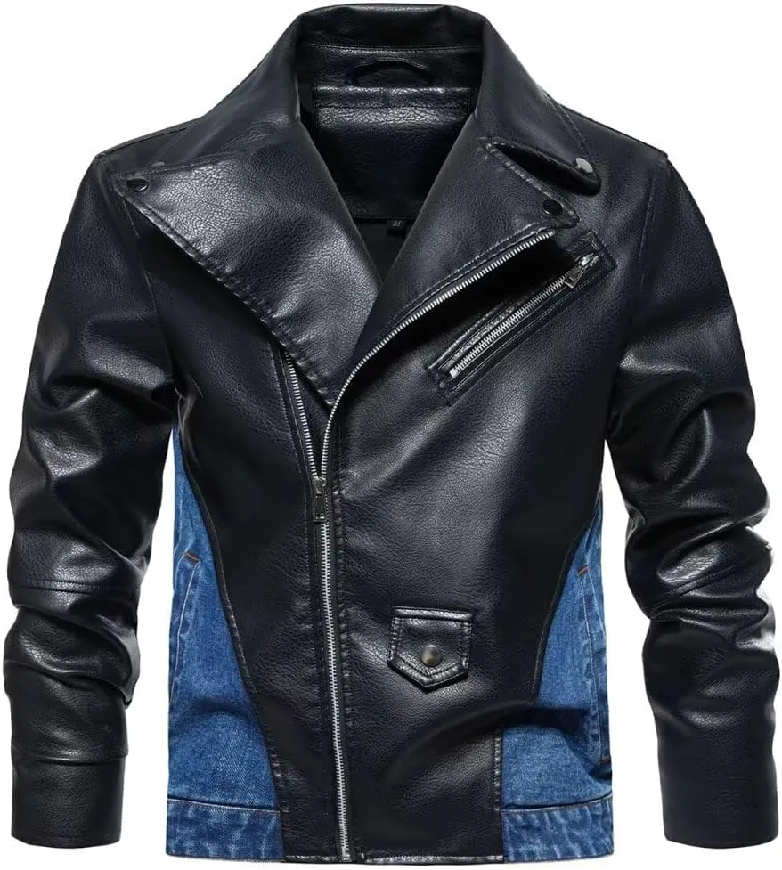 FTIMILD Mens Denim Jacket with Pu Leather Patchwork Biker Jacket with Detachable Hood Jean Jacket with Multiple Pockets