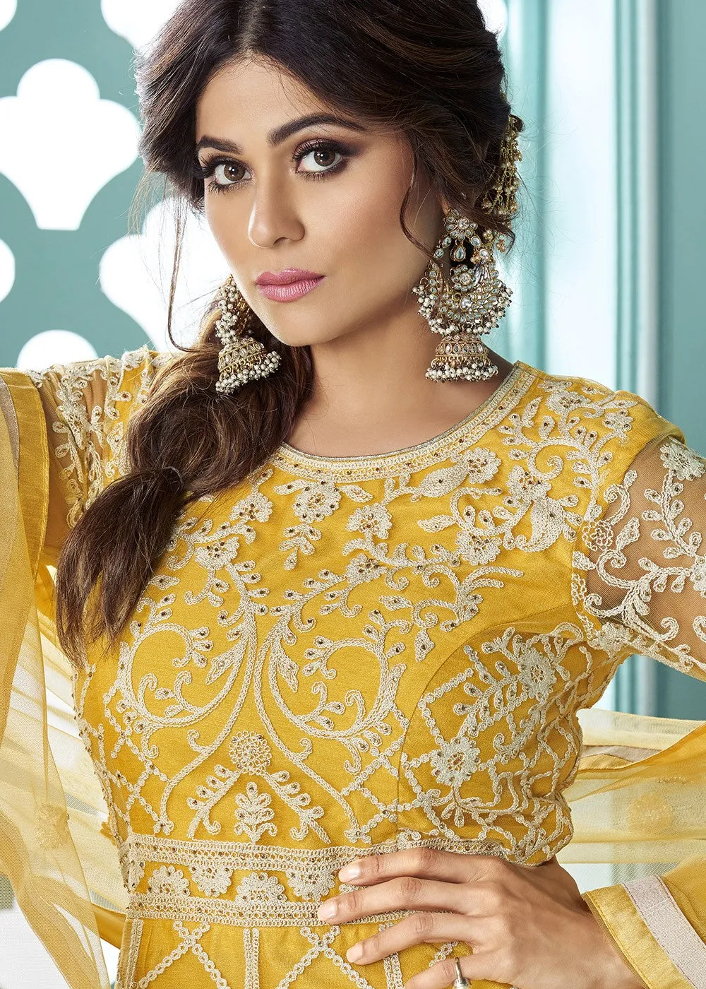 Graceful Yellow Shamita Shetty Bell Sleeved Lehenga Style Sharara Suit