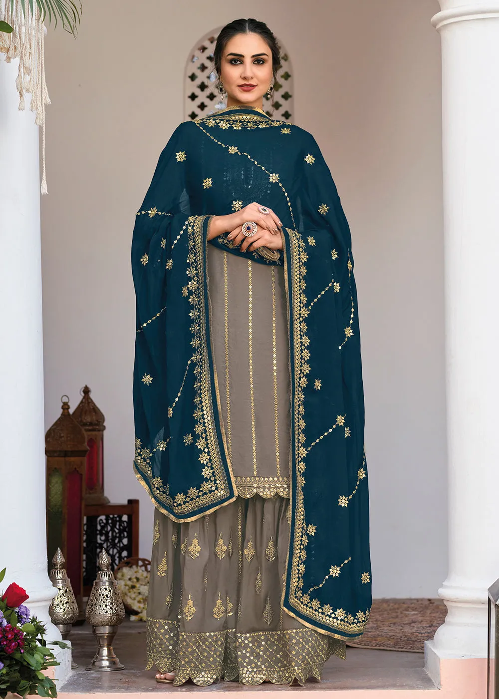 Grey and Gold Embroidered Designer Sharara Suit