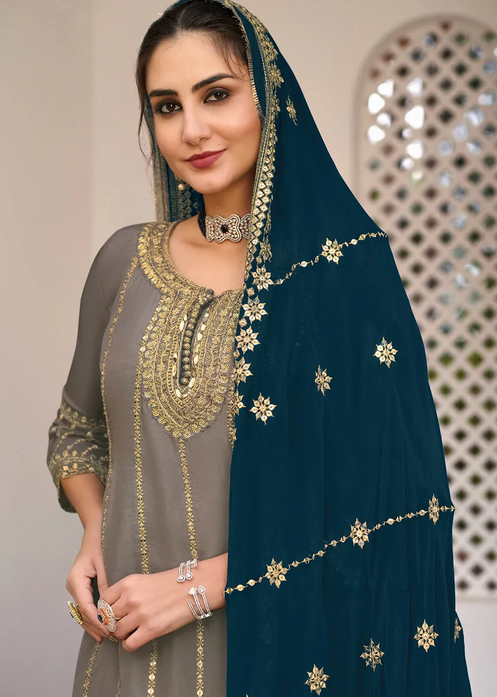 Grey and Gold Embroidered Designer Sharara Suit