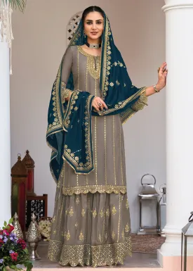 Grey and Gold Embroidered Designer Sharara Suit