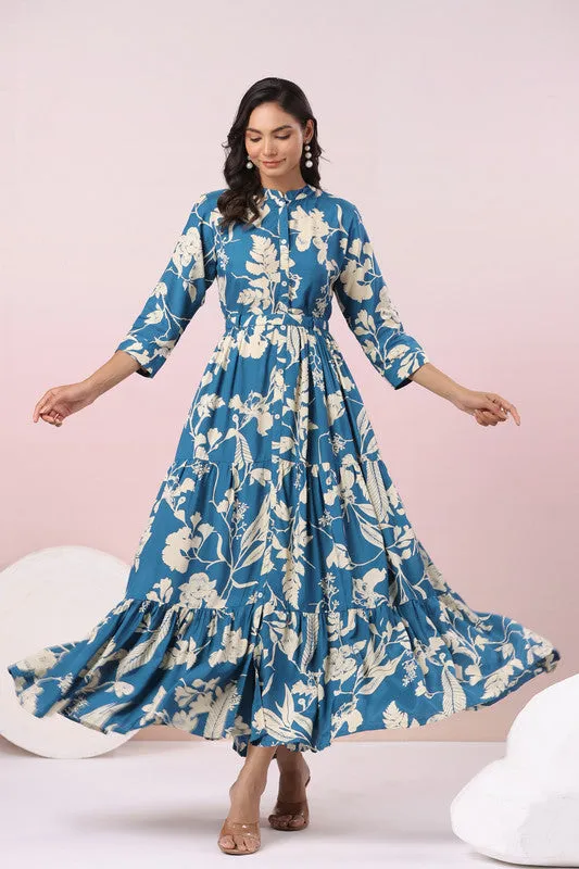 Indigo Floral Russian Silk Elegance Gown