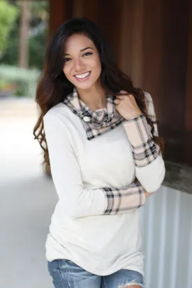 Ivory Plaid Top With Cowl Neck