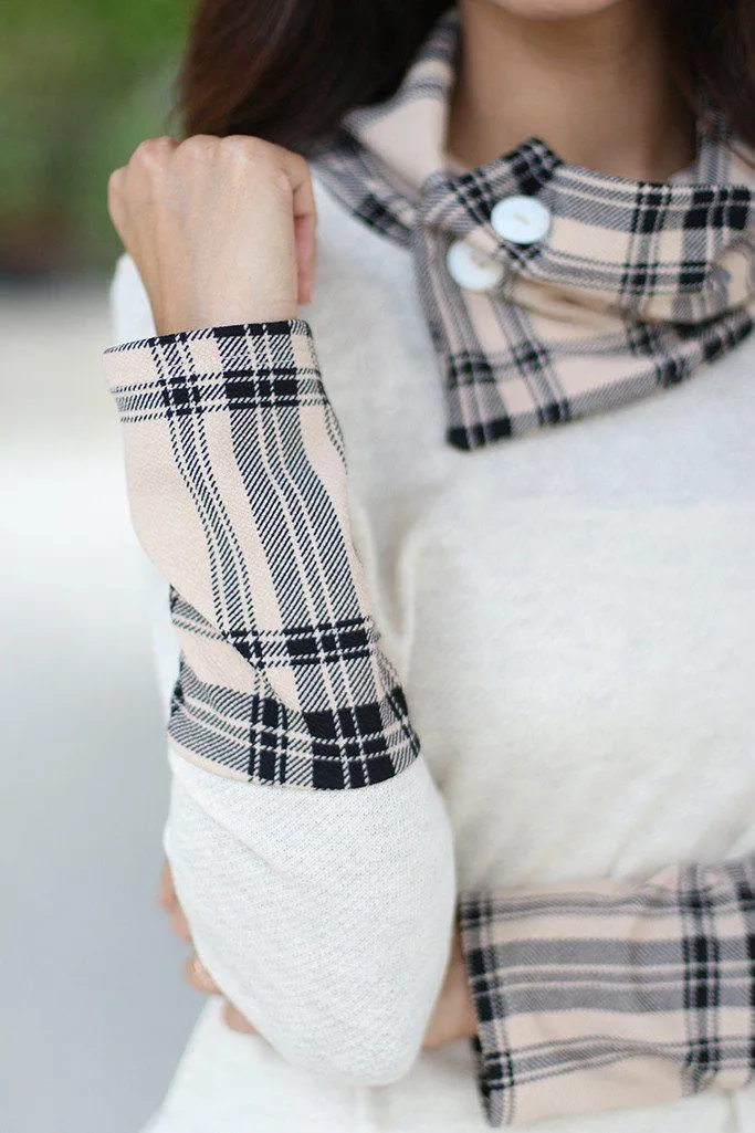 Ivory Plaid Top With Cowl Neck