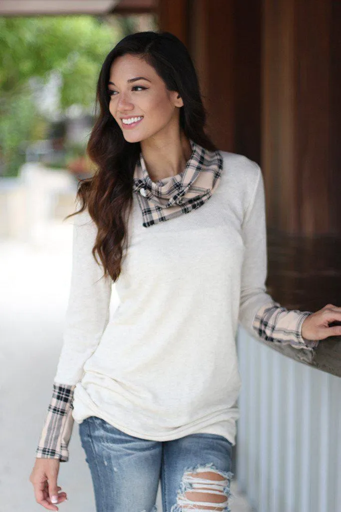 Ivory Plaid Top With Cowl Neck
