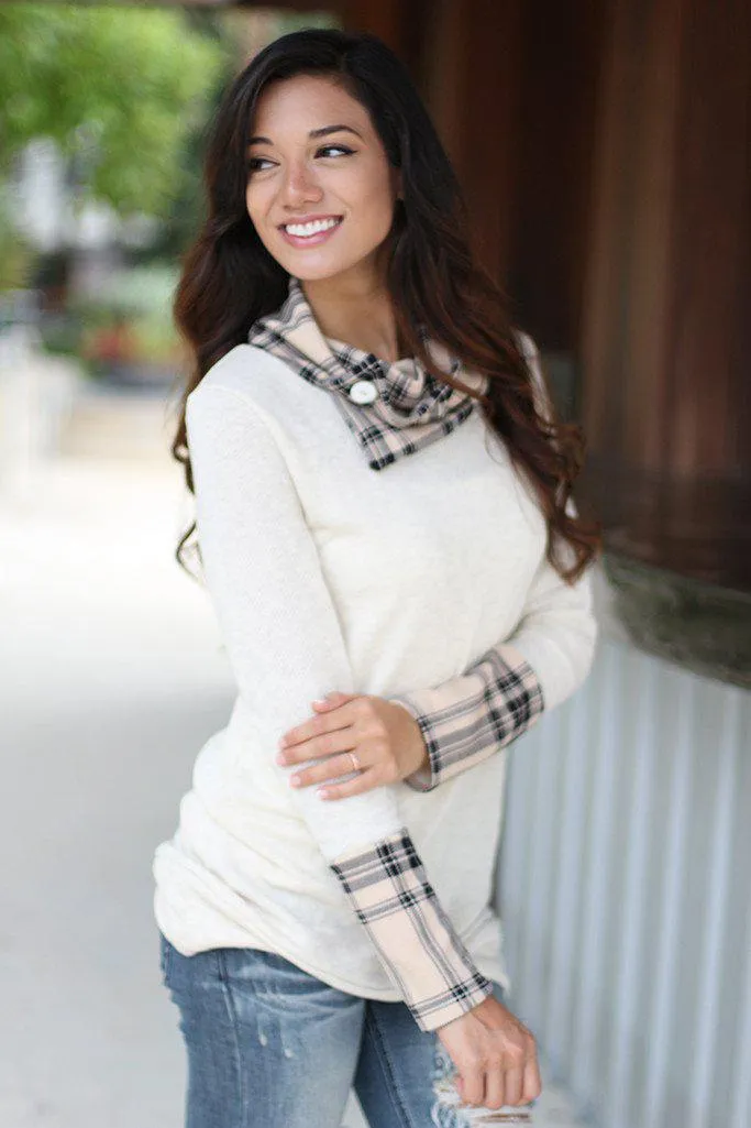 Ivory Plaid Top With Cowl Neck