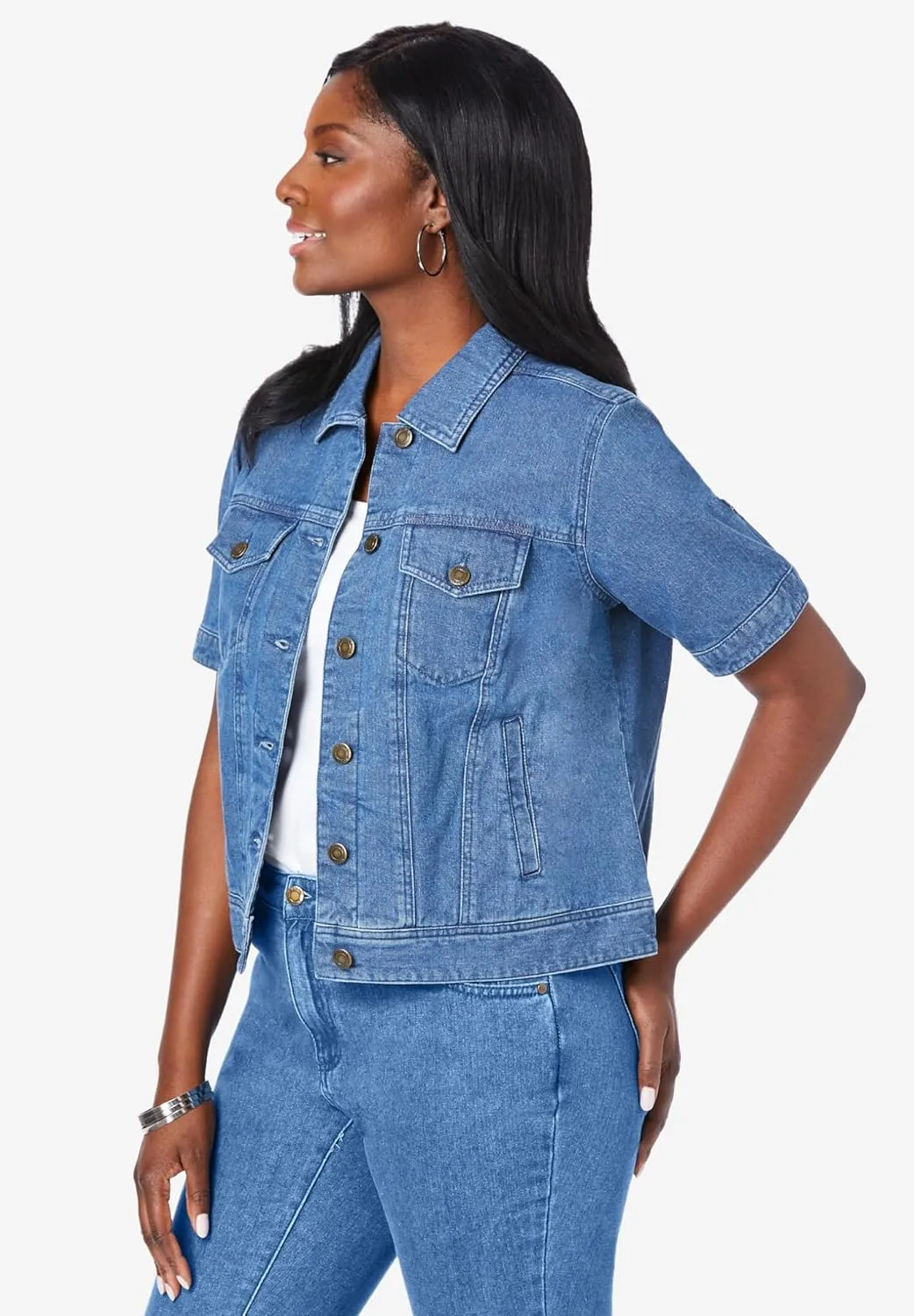 Jessica London Women's Plus Size Short Sleeve Denim Jacket