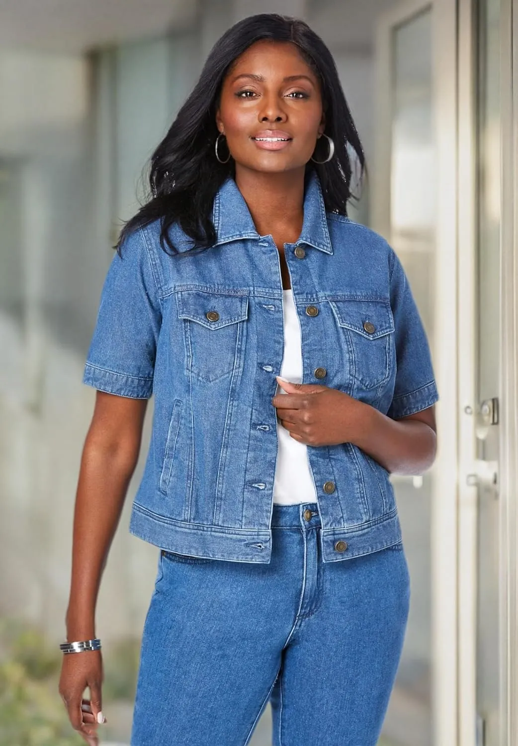 Jessica London Women's Plus Size Short Sleeve Denim Jacket