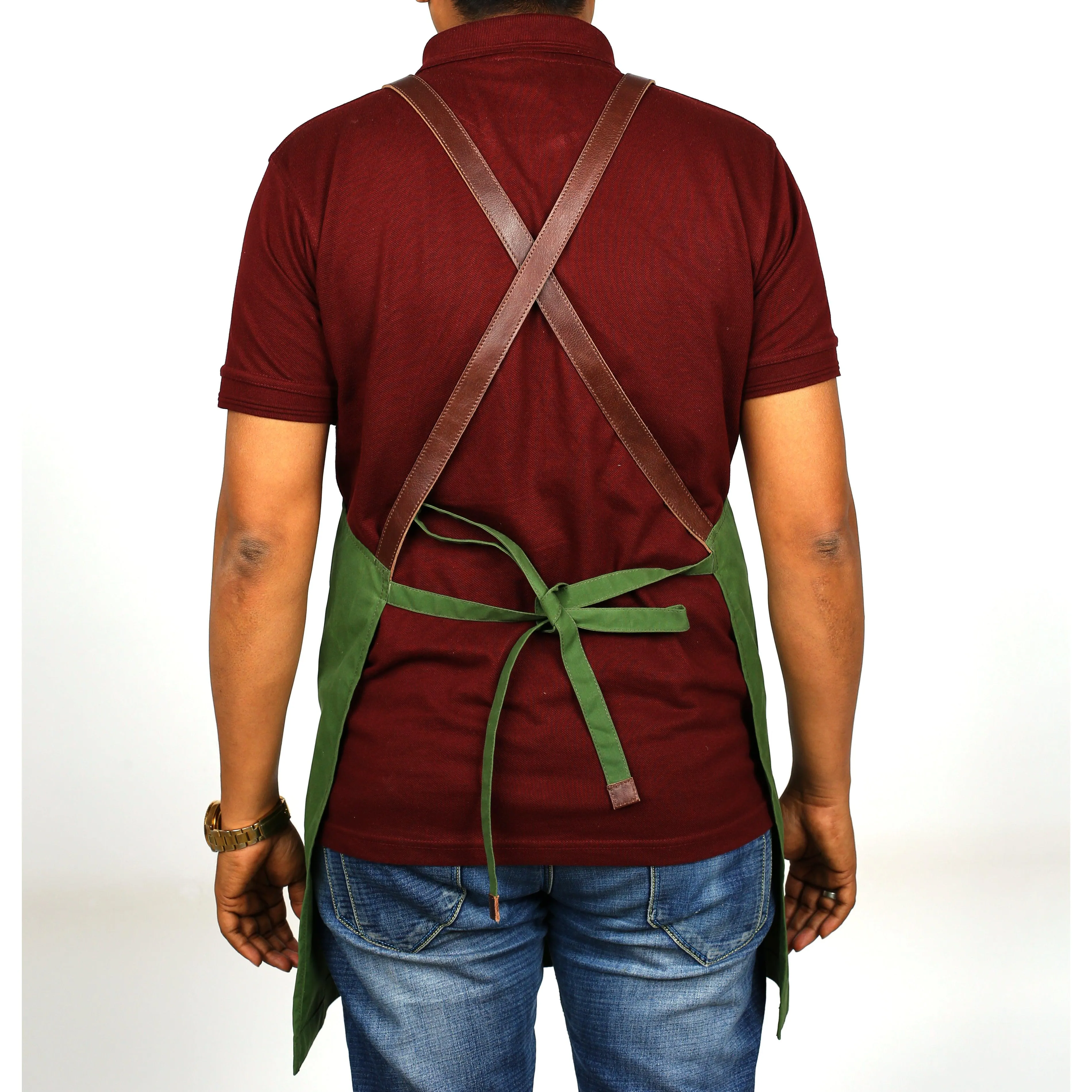 Kilty Unisex Leather   Fabric Apron Dual-Tone Green/Brown