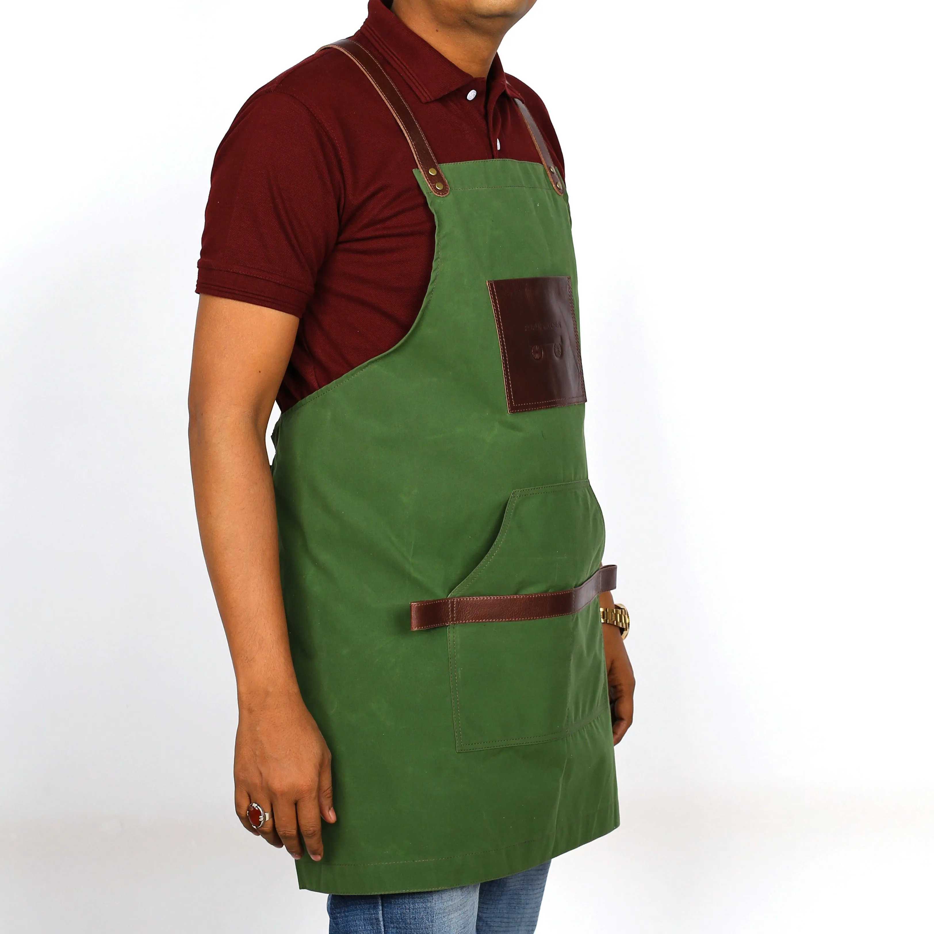 Kilty Unisex Leather   Fabric Apron Dual-Tone Green/Brown