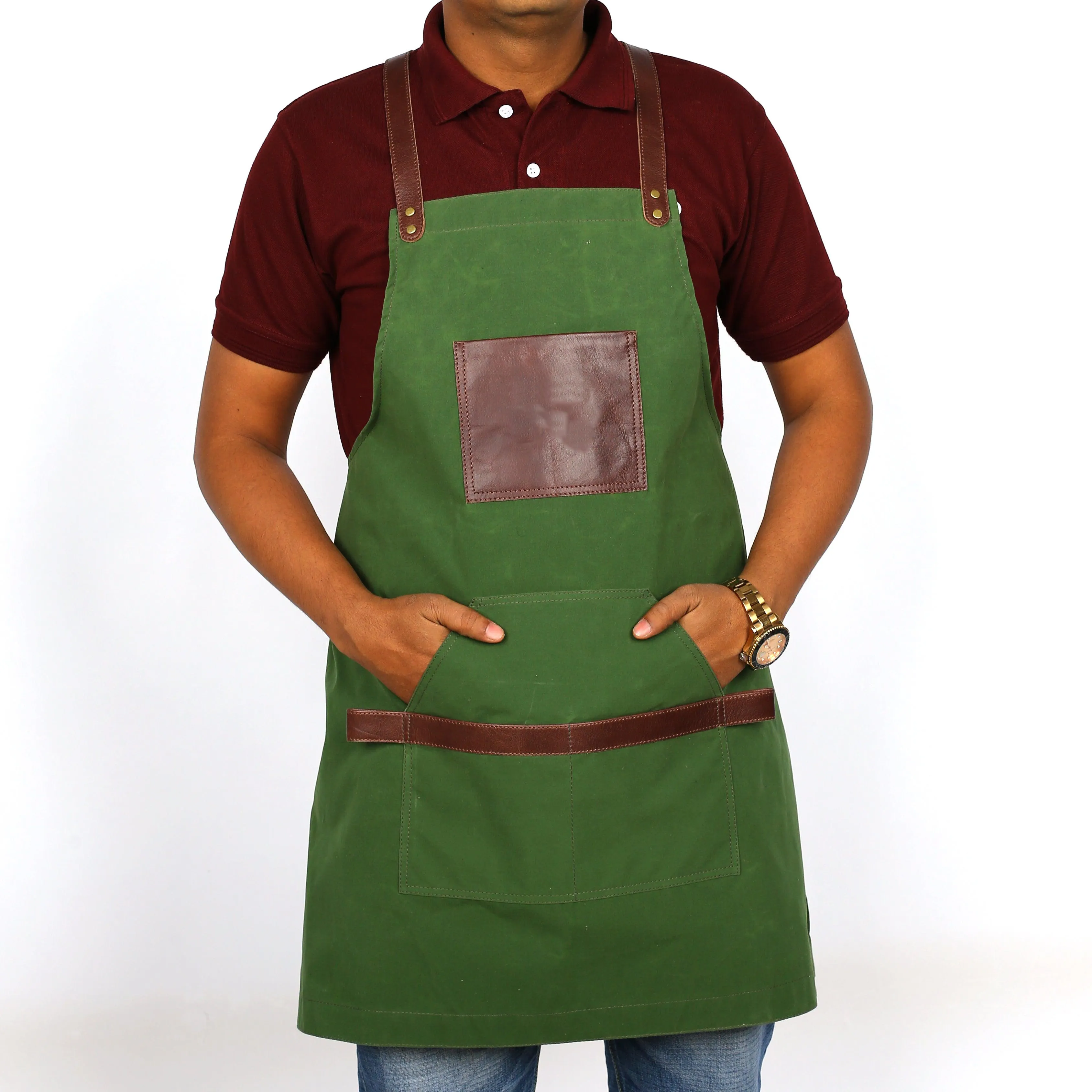 Kilty Unisex Leather   Fabric Apron Dual-Tone Green/Brown