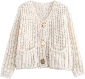 Kissonic Womens Cropped Cardigan Sweater Button Down Long Sleeve Chunky Soft Knit Sweater Open Front Loose Casual Coat