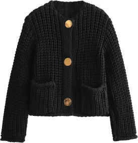 Kissonic Womens Cropped Cardigan Sweater Button Down Long Sleeve Chunky Soft Knit Sweater Open Front Loose Casual Coat