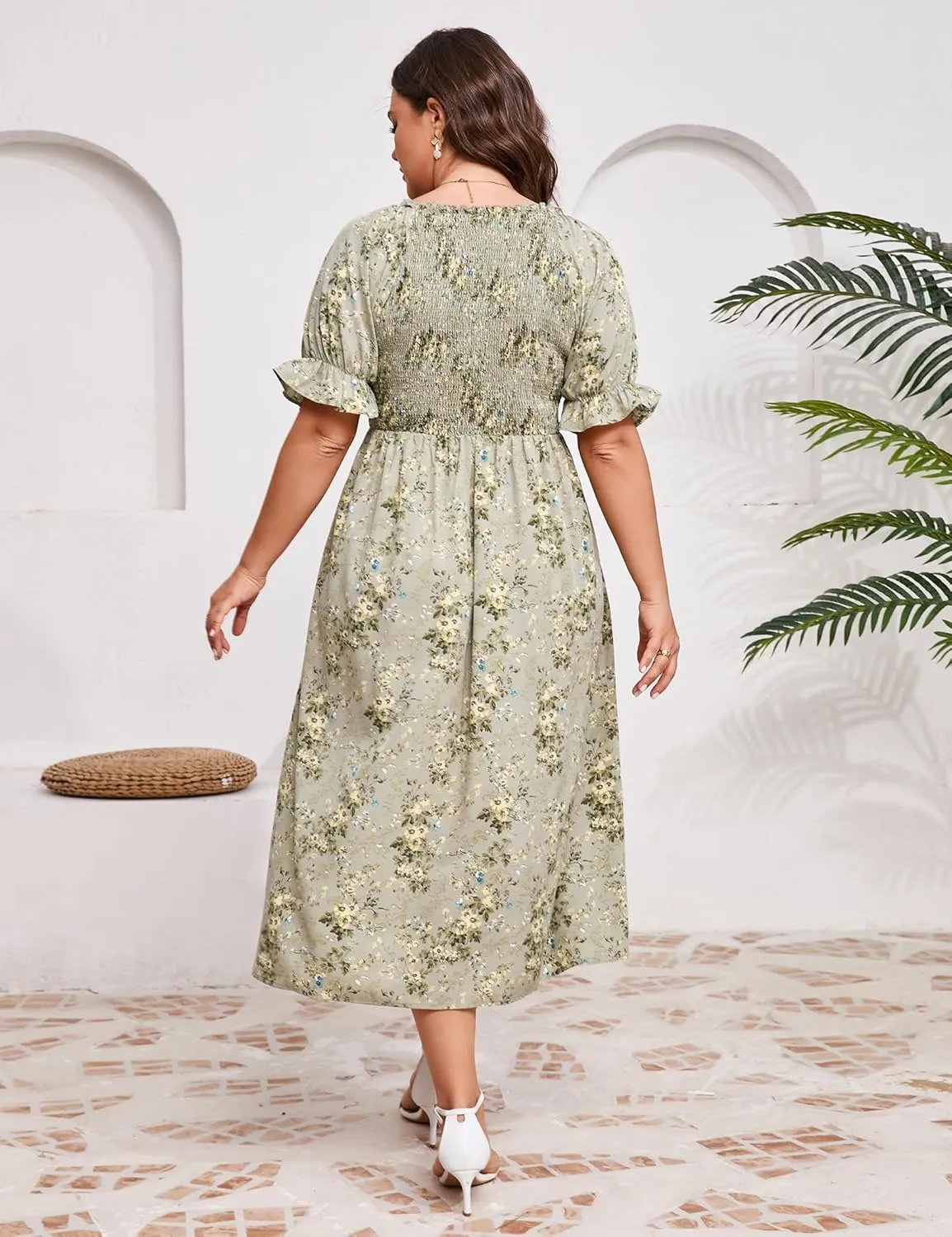 KOJOOIN Womens Puff Sleeve Summer Floral Dress Plus Size Smocked Ruffle Square Neck Casual Dress Cute Midi Dress