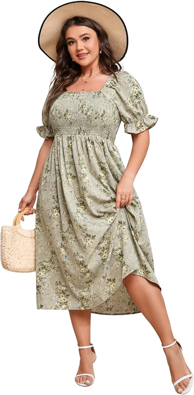 KOJOOIN Womens Puff Sleeve Summer Floral Dress Plus Size Smocked Ruffle Square Neck Casual Dress Cute Midi Dress