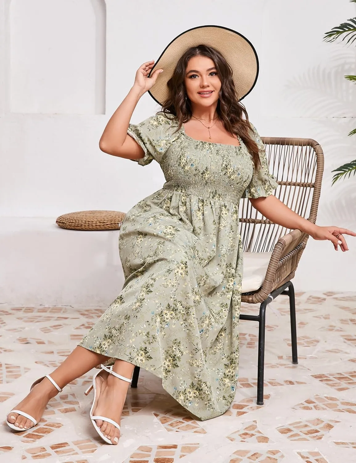 KOJOOIN Womens Puff Sleeve Summer Floral Dress Plus Size Smocked Ruffle Square Neck Casual Dress Cute Midi Dress