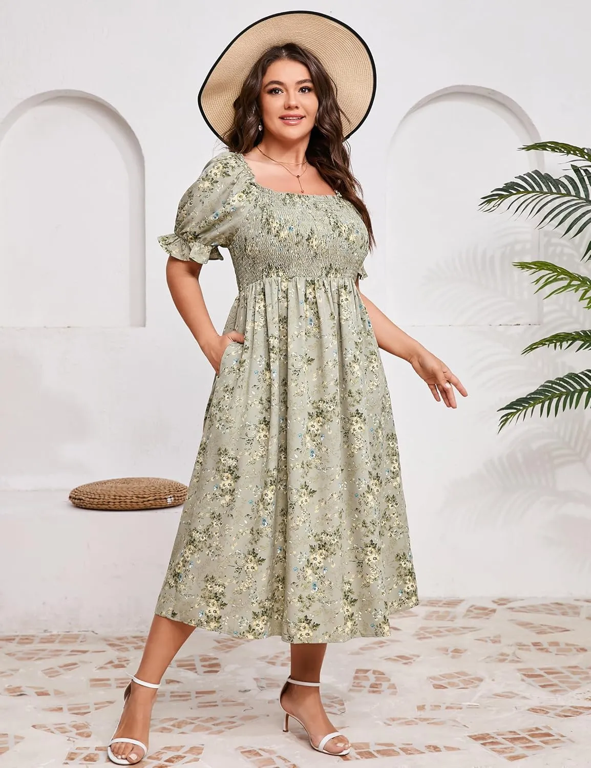 KOJOOIN Womens Puff Sleeve Summer Floral Dress Plus Size Smocked Ruffle Square Neck Casual Dress Cute Midi Dress