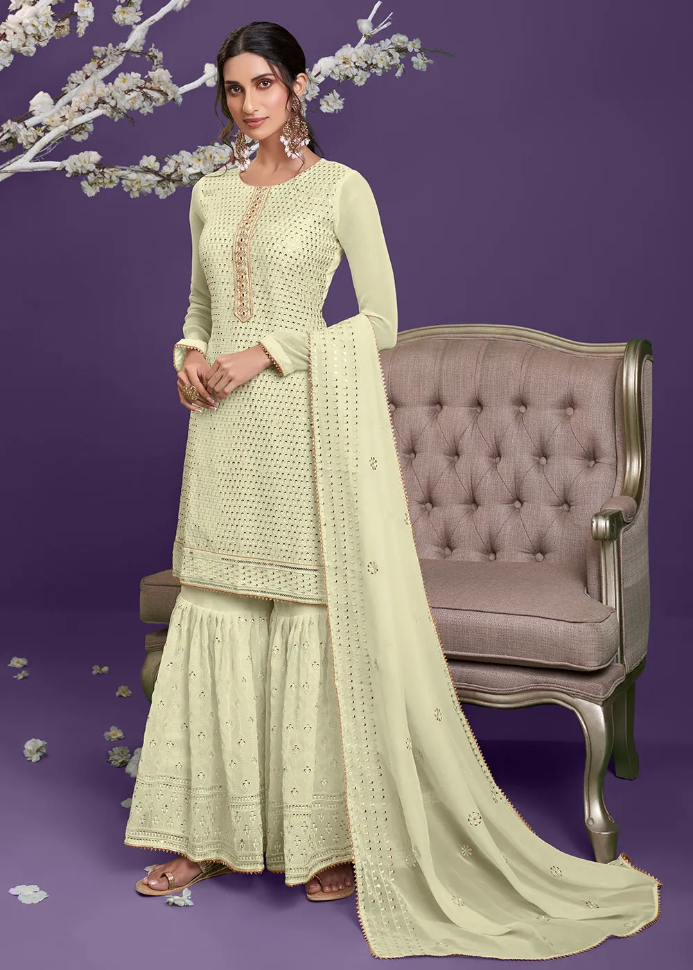 Lemon Yellow Khatli Work Embroidered Georgette Sharara Suit