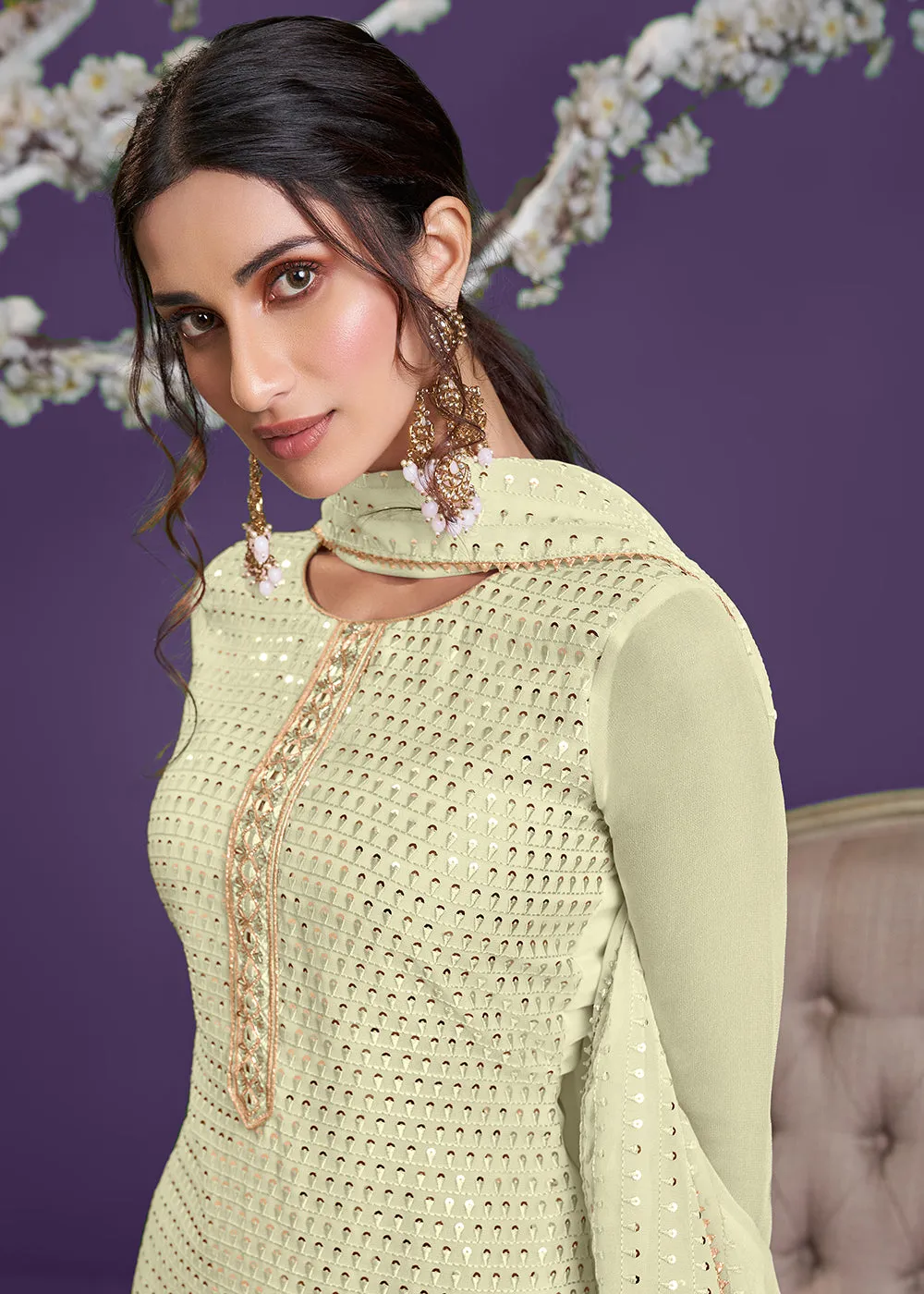 Lemon Yellow Khatli Work Embroidered Georgette Sharara Suit