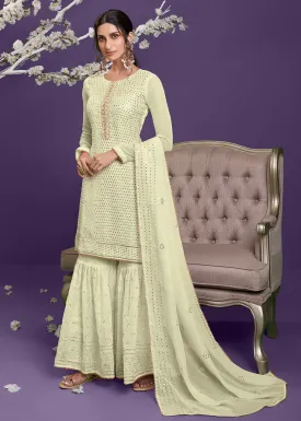Lemon Yellow Khatli Work Embroidered Georgette Sharara Suit