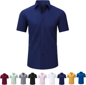 Literalous Shirt, Men's Stretch Non-Iron Anti-Wrinkle Shirts, Breathable Casual Cotton Short Sleeve Shirt