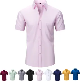 Literalous Shirt, Men's Stretch Non-Iron Anti-Wrinkle Shirts, Breathable Casual Cotton Short Sleeve Shirt