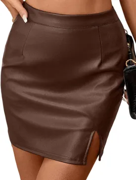 LOMON Women's PU Leather Mini Skirt High Waist Bodycon Pencil Skirt Stretch Faux Leather Built-in Shorts