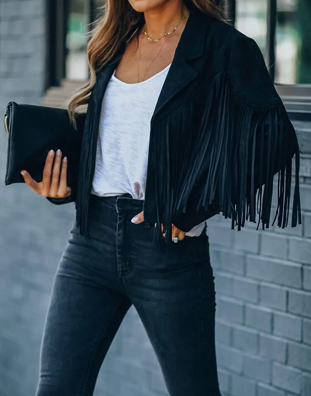 loveimgs Women Faux Suede Fringe Jacket Western Tassel Cropped Jacket Biker Motorcycle Leather Jacket
