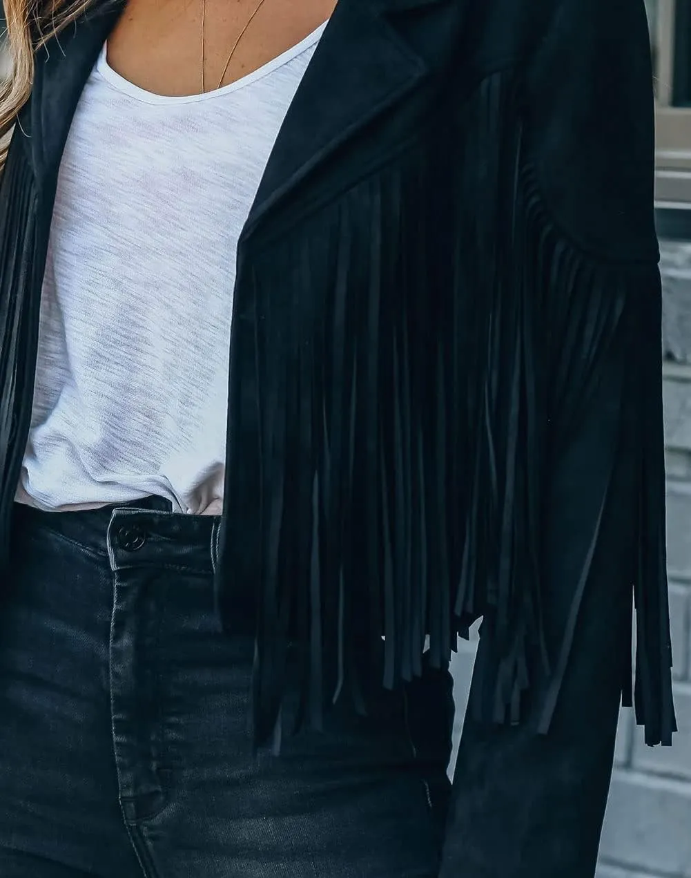 loveimgs Women Faux Suede Fringe Jacket Western Tassel Cropped Jacket Biker Motorcycle Leather Jacket