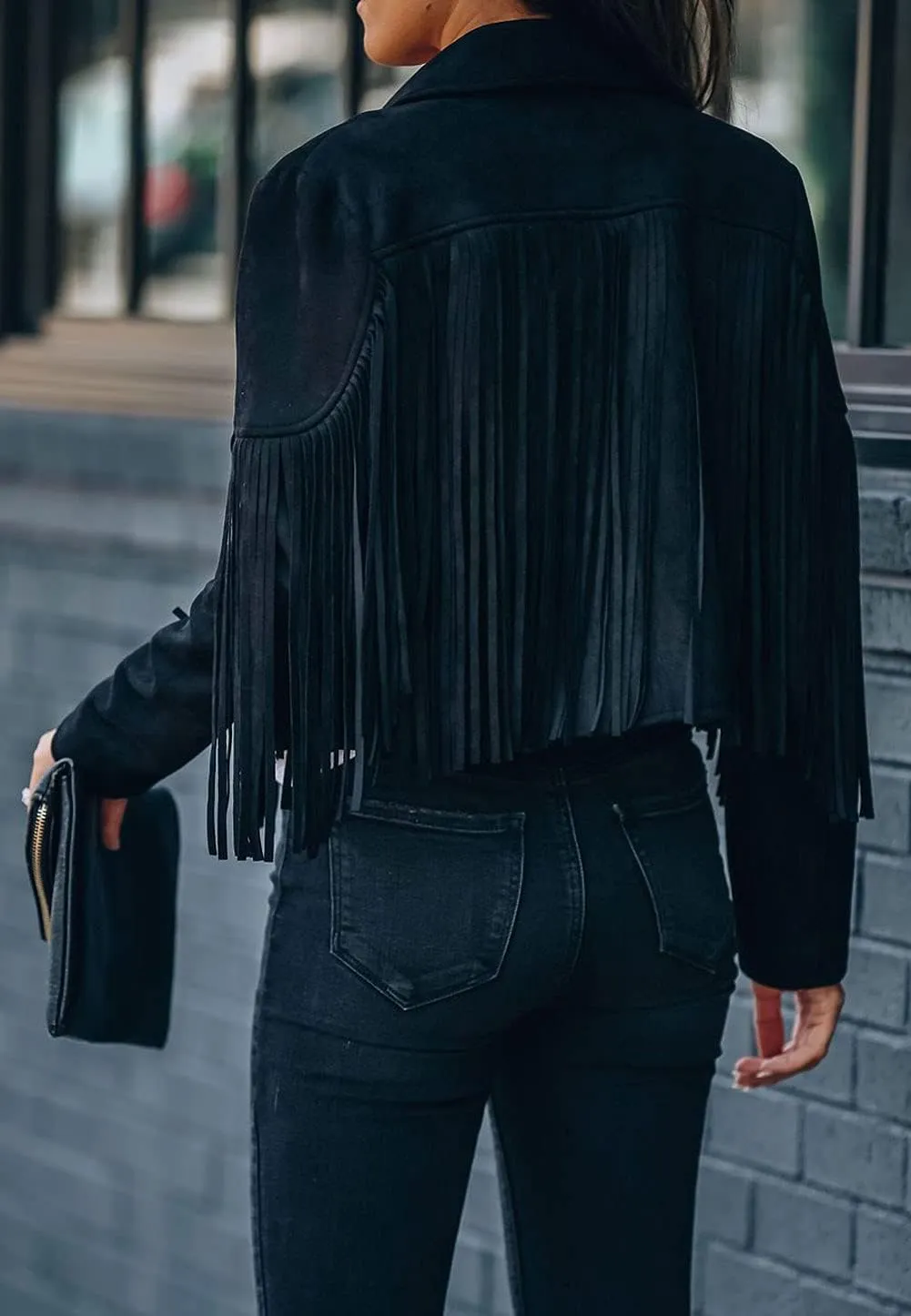 loveimgs Women Faux Suede Fringe Jacket Western Tassel Cropped Jacket Biker Motorcycle Leather Jacket