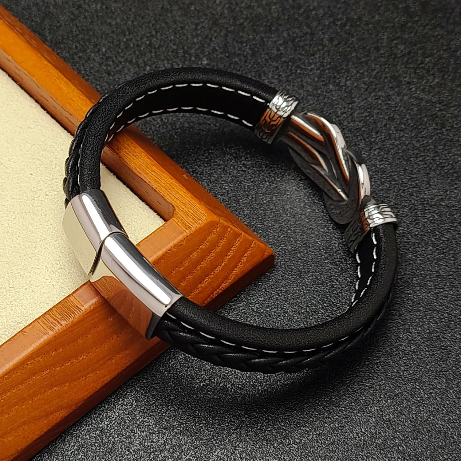 Men's Braided Leather Bracelet Wristband Cuff Bracelet for Men Gifts Stainless Steel Clasp