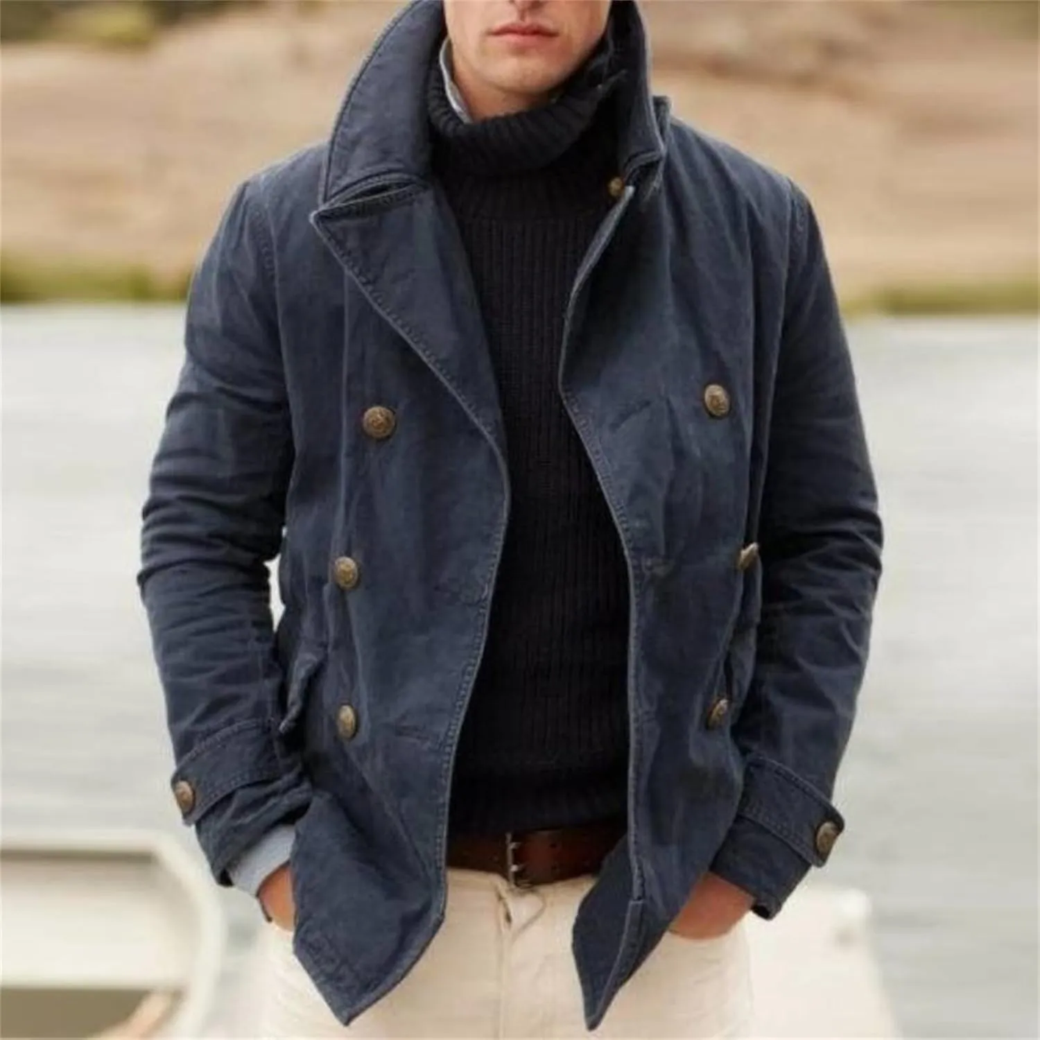 Mens British Style Trench Coat Vintage Windproof Notch Lapel Peacoat Double Breasted Jacket Coats for Men