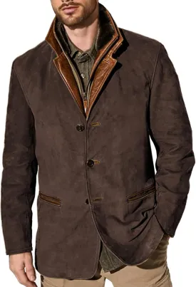 Men's Faux Leather Jacket Double Lapel Casual Work Cargo Jacket Vintage Style Leather Blazer Windproof Coat with Button
