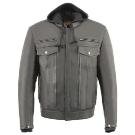 Men’s Leather Utility Pocket Vented Jacket w/ Full Sleeve Removable Hoodie