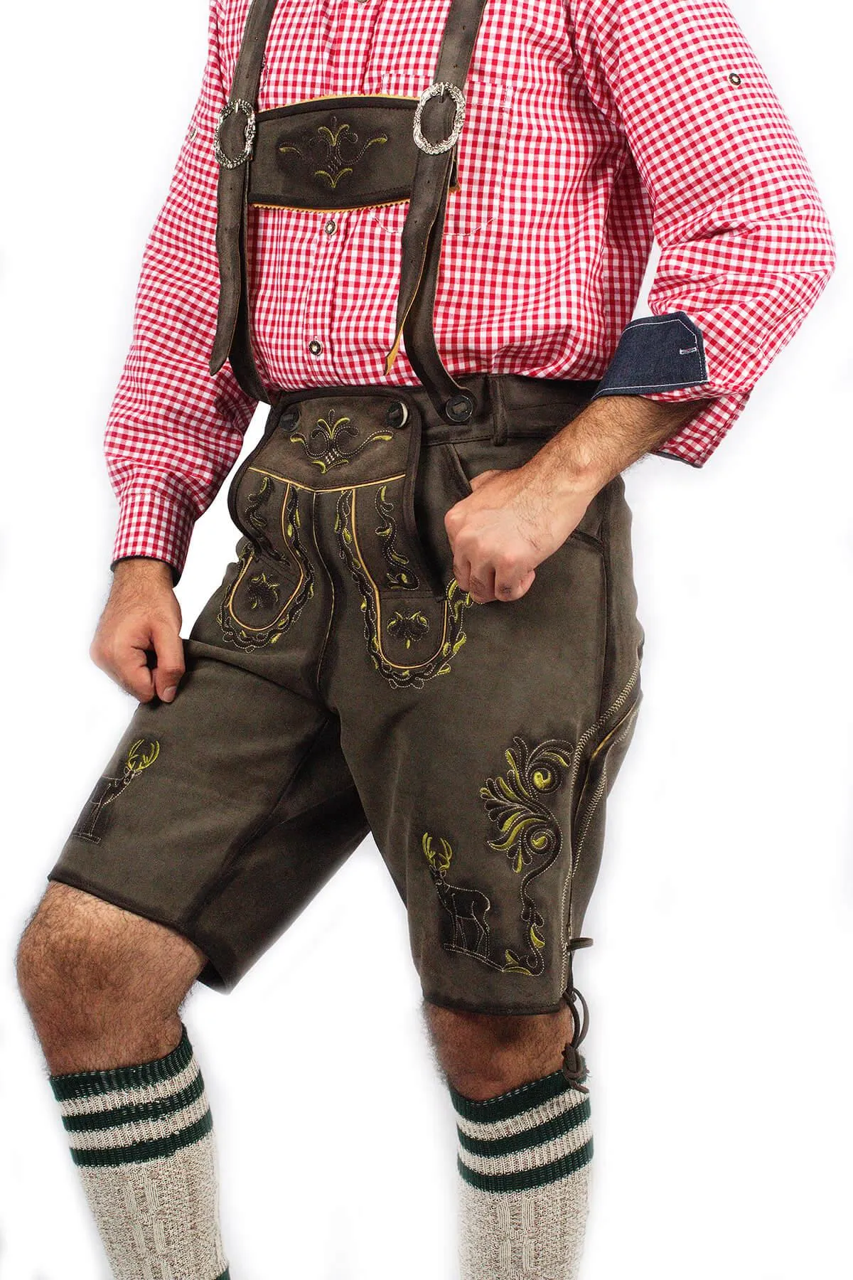 Mens Lederhosen Dark Gray Deer Motifs