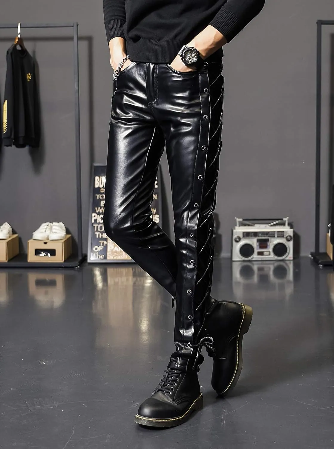 Men`s Rock Steampunk Lace Up PU Leather Pants Slim Fit