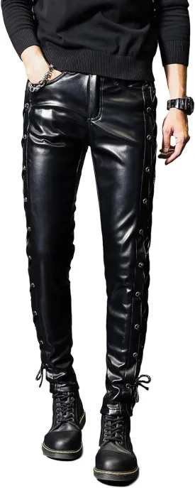 Men`s Rock Steampunk Lace Up PU Leather Pants Slim Fit