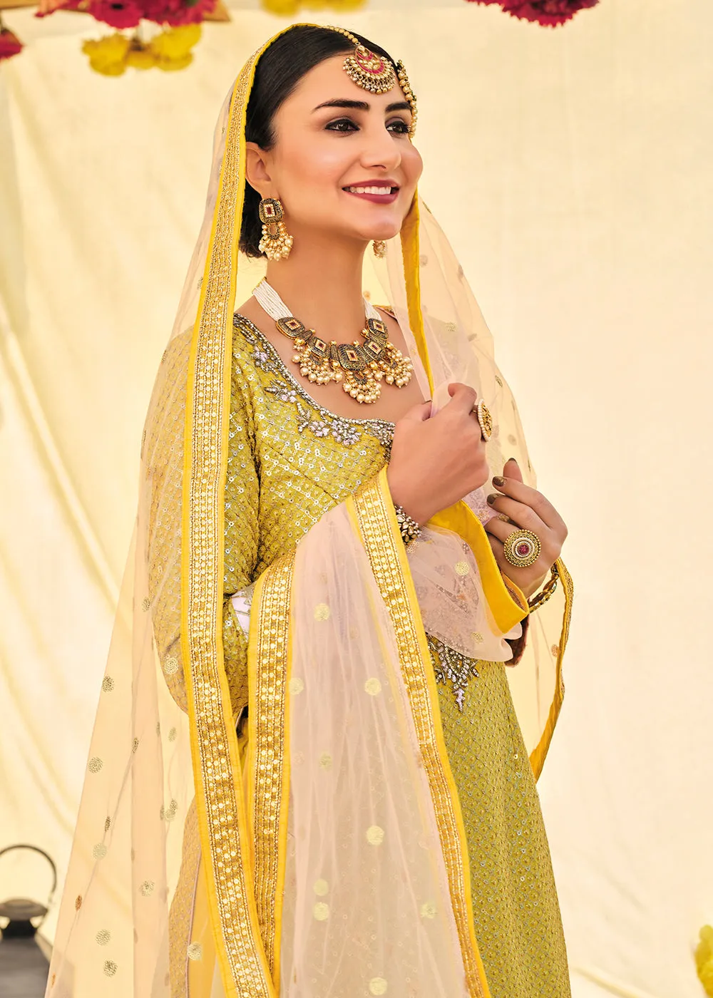 Mustard Zari & Mirror Embroidered Festive Sharara Suit