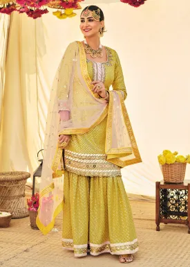 Mustard Zari & Mirror Embroidered Festive Sharara Suit