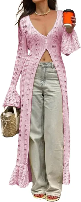 NRTHYE Women Long Crochet Cardigans Button up Knit Hollow Out Elegant Duster Sweaters Cover Up Maxi Dress