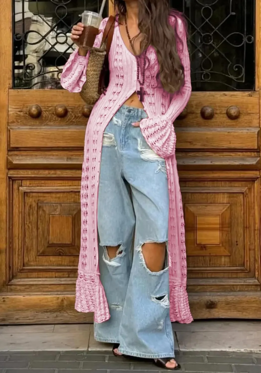 NRTHYE Women Long Crochet Cardigans Button up Knit Hollow Out Elegant Duster Sweaters Cover Up Maxi Dress