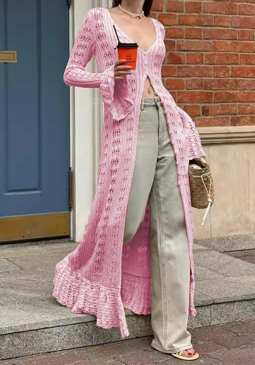 NRTHYE Women Long Crochet Cardigans Button up Knit Hollow Out Elegant Duster Sweaters Cover Up Maxi Dress
