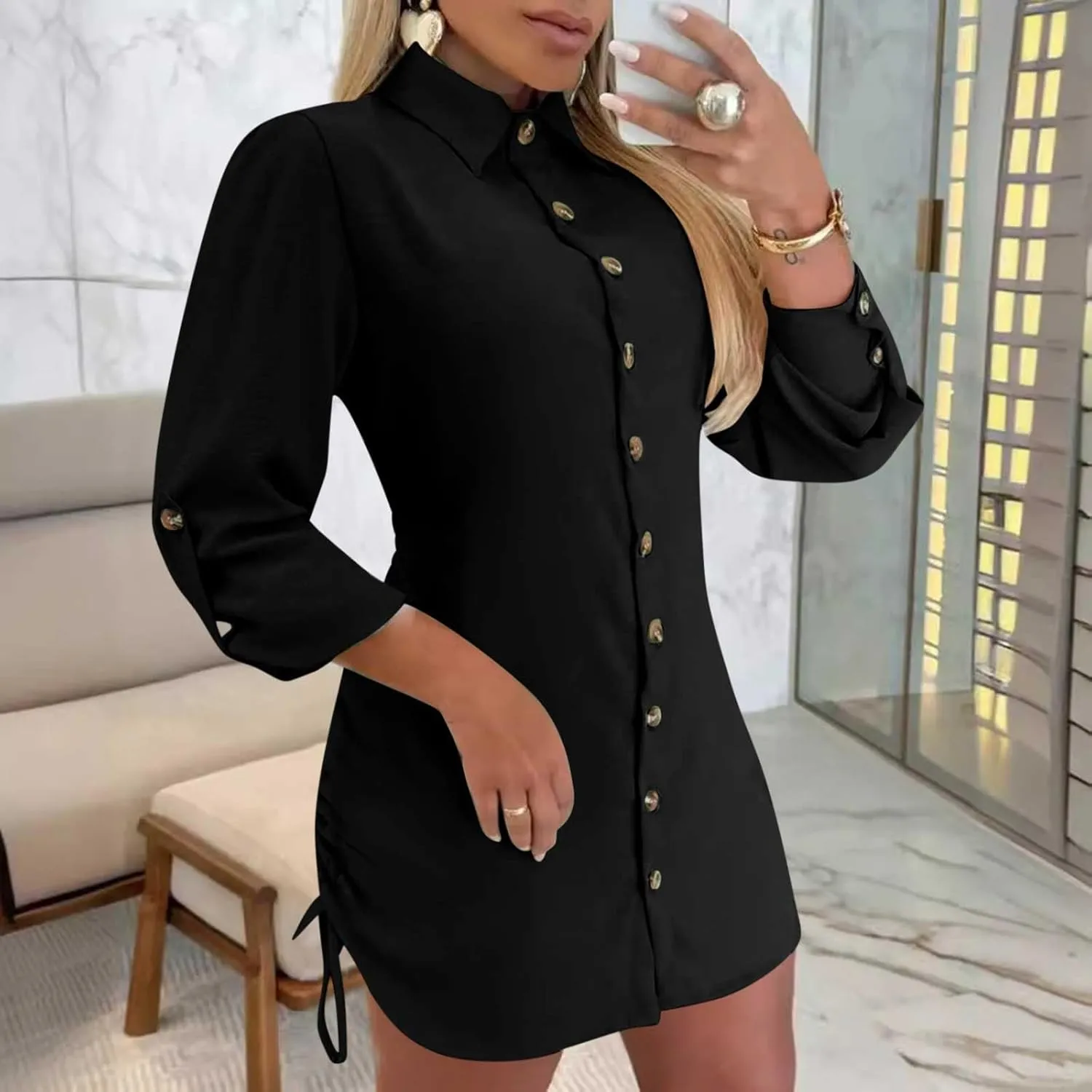Oplxuo Women's Long Sleeve Button Down Shirt Dress Both Sides Drawstring Long Blouse Tunic Tops Collared Short Mini Dresses