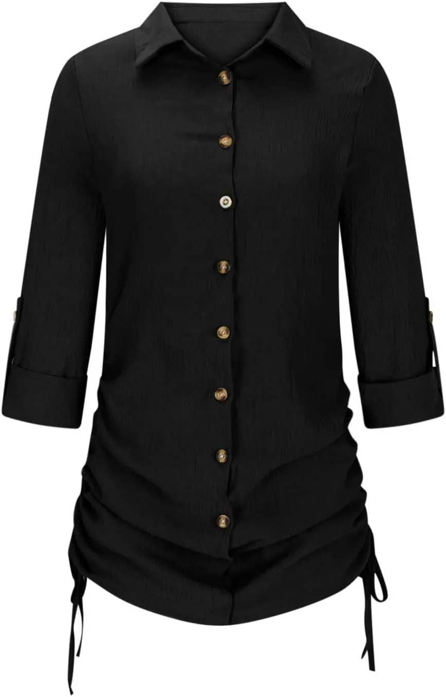 Oplxuo Women's Long Sleeve Button Down Shirt Dress Both Sides Drawstring Long Blouse Tunic Tops Collared Short Mini Dresses