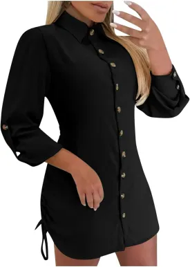 Oplxuo Women's Long Sleeve Button Down Shirt Dress Both Sides Drawstring Long Blouse Tunic Tops Collared Short Mini Dresses