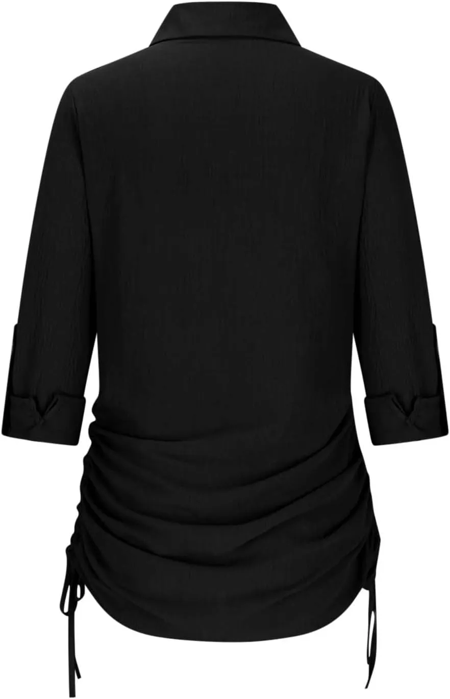 Oplxuo Women's Long Sleeve Button Down Shirt Dress Both Sides Drawstring Long Blouse Tunic Tops Collared Short Mini Dresses
