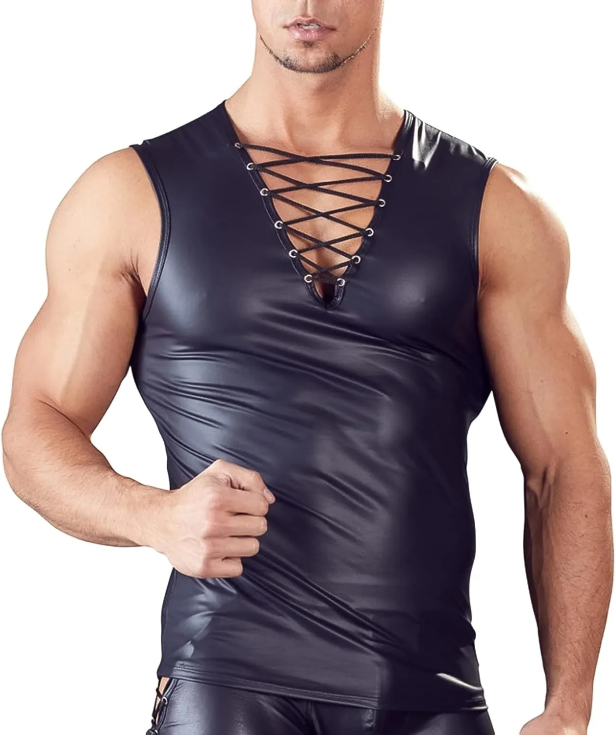 Panegy Men's Black Leather Tshirt Short Sleeve PVC Tunic & Sleeveless Tank Top M-XXL